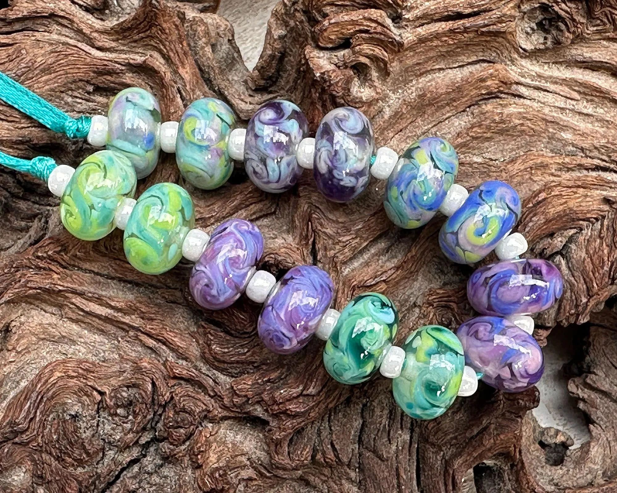 14 Purple Green Twists Lampwork Beads Set SRA