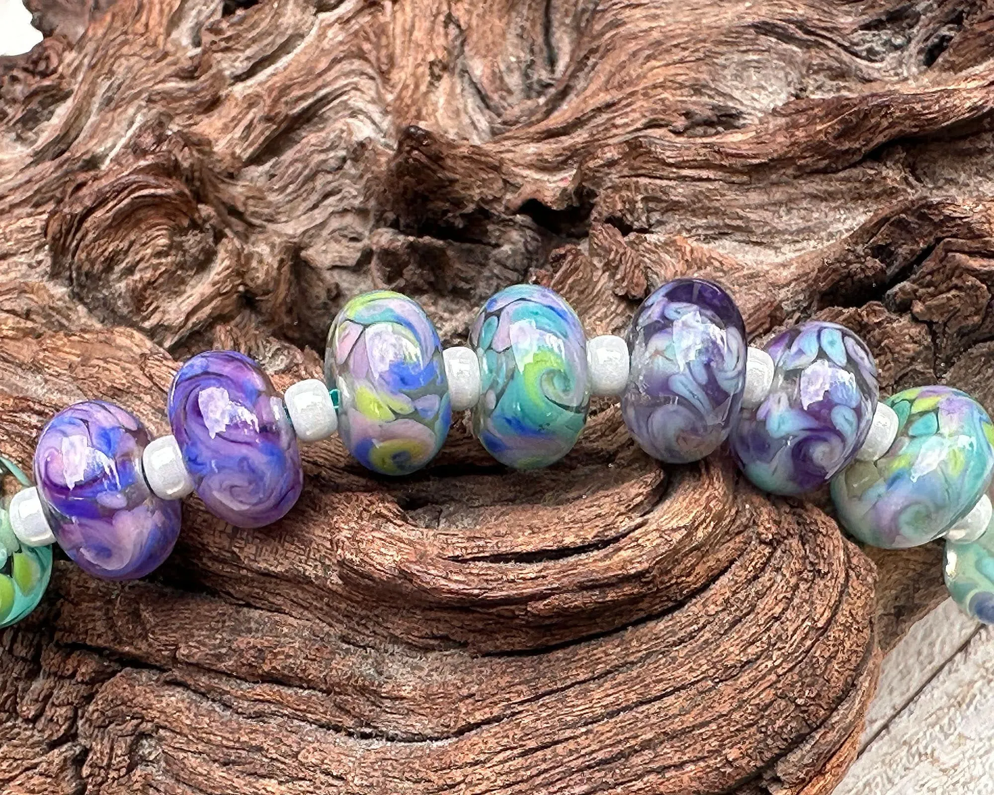 14 Purple Green Twists Lampwork Beads Set SRA