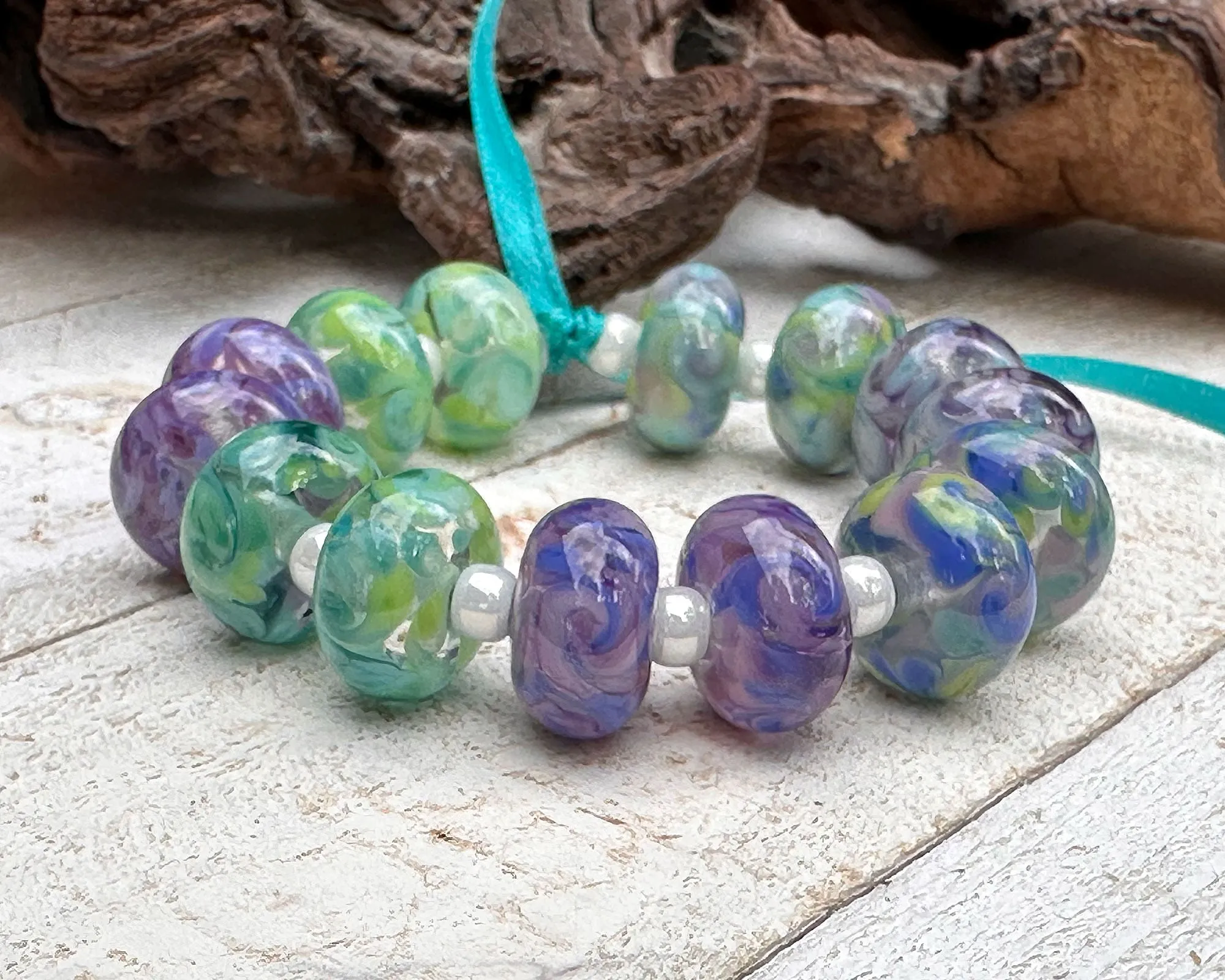 14 Purple Green Twists Lampwork Beads Set SRA