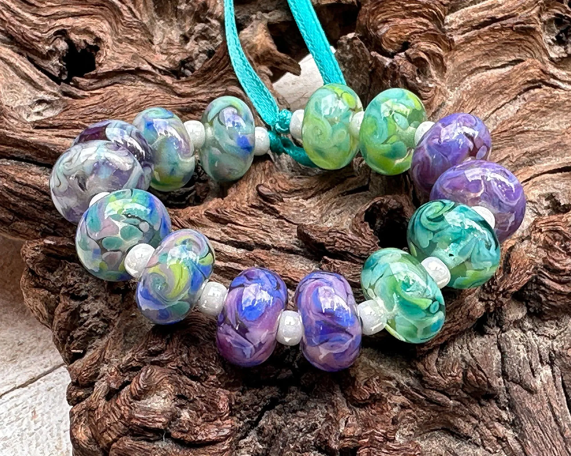 14 Purple Green Twists Lampwork Beads Set SRA