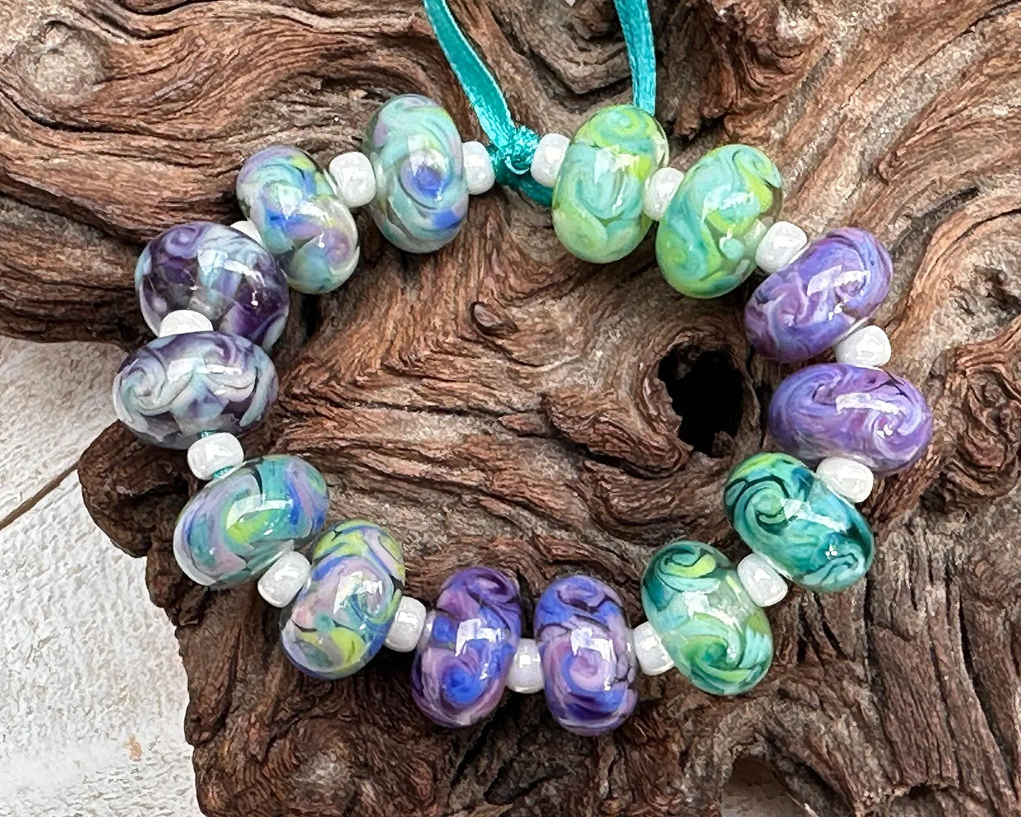 14 Purple Green Twists Lampwork Beads Set SRA