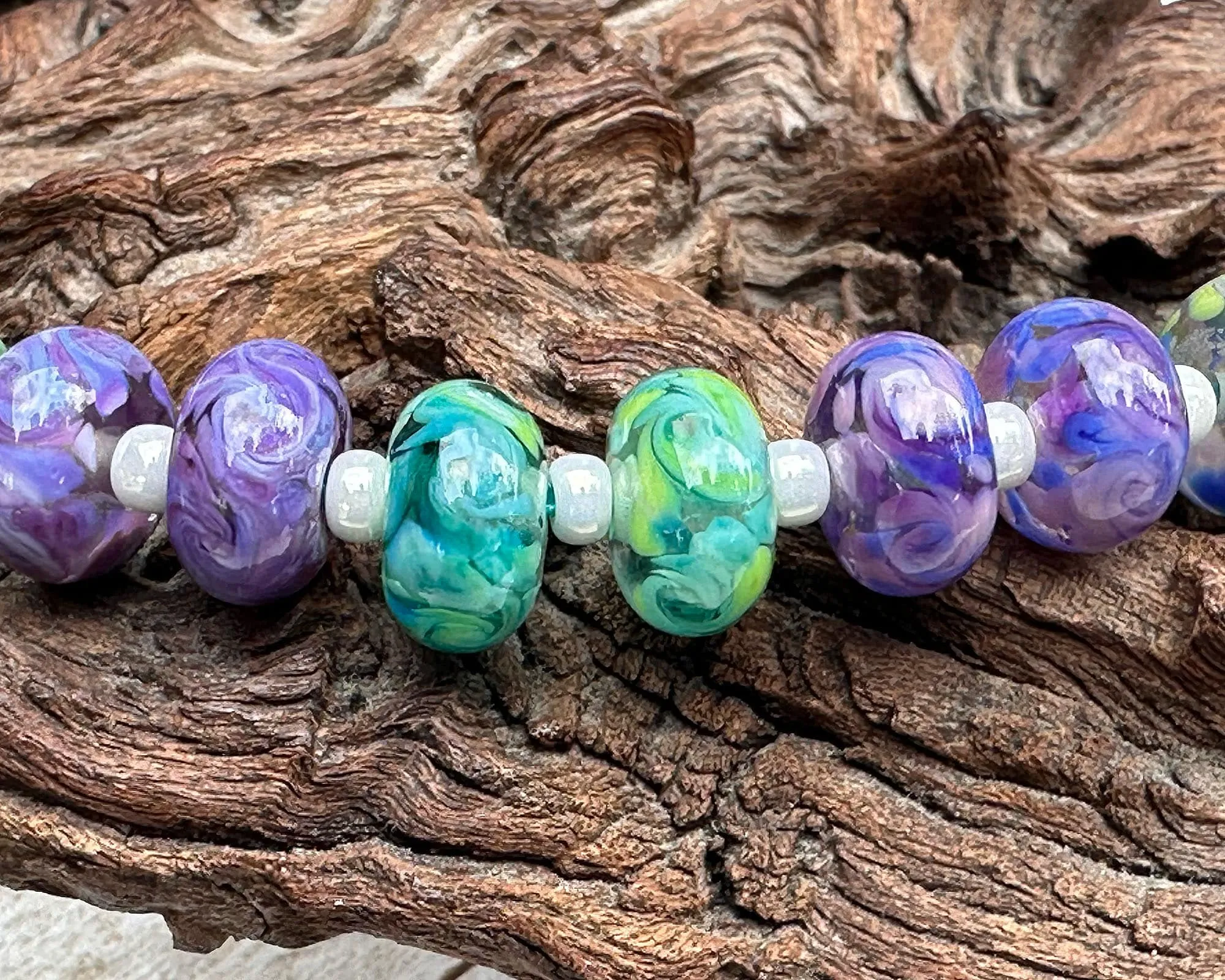 14 Purple Green Twists Lampwork Beads Set SRA