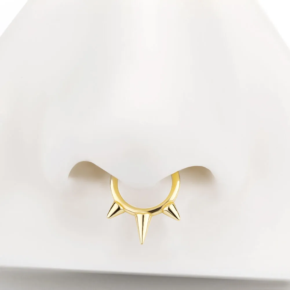 14K Solid Gold 16G Triple Spikes Hinged Septum Ring