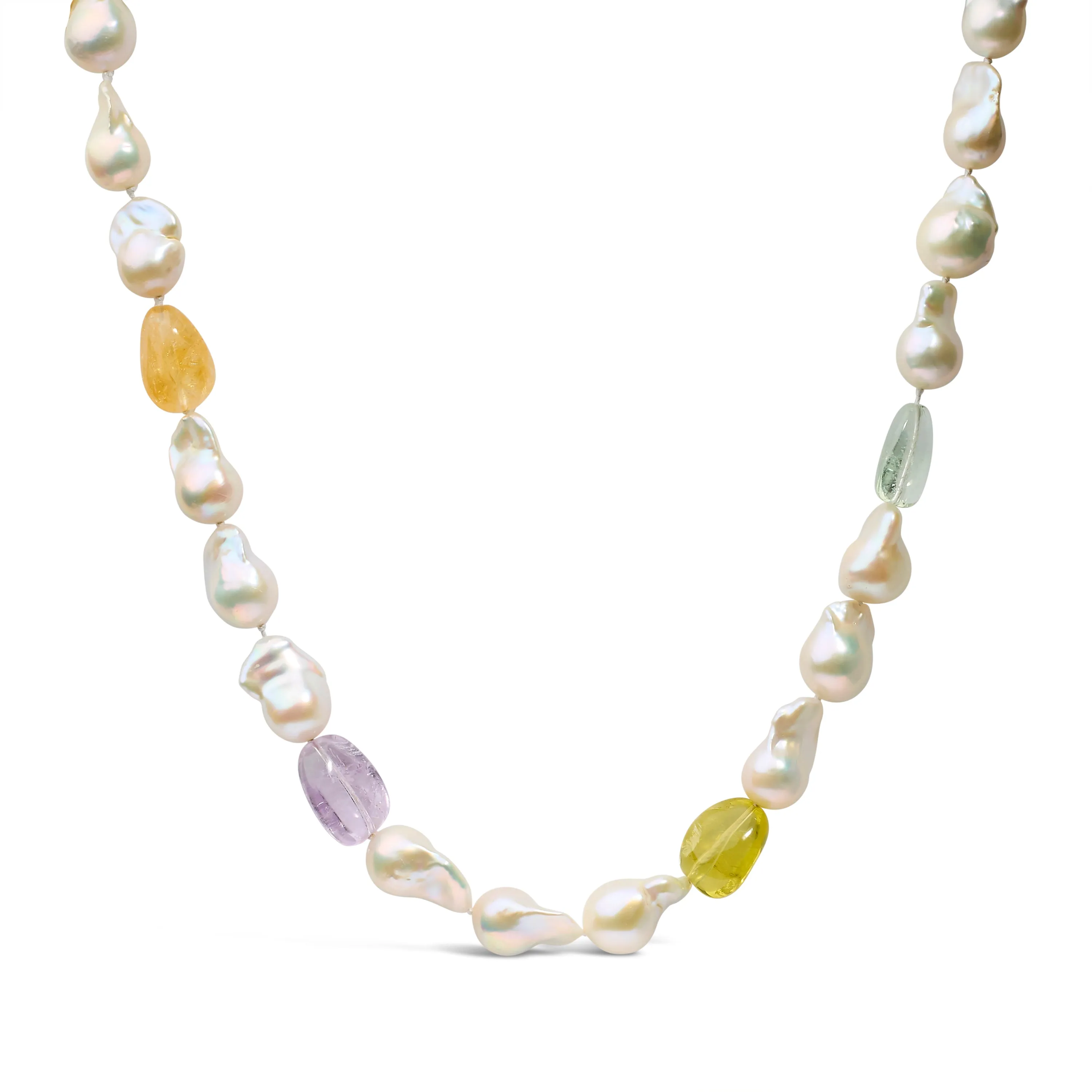 14K Yellow Citrine, Amethyst, and Baroque Pearl Strand Necklace