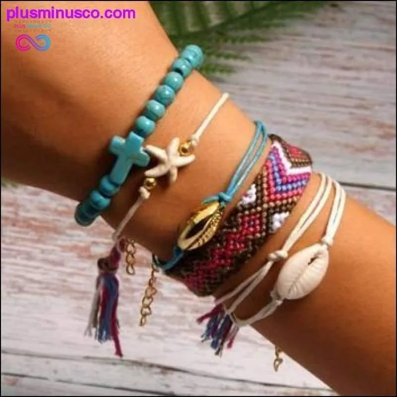 6 Pieces Puka Shell Charm Bracelet Set Cross Beads ||