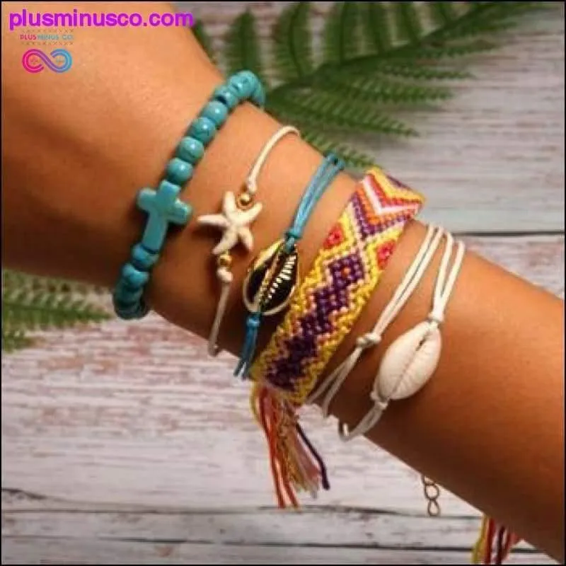 6 Pieces Puka Shell Charm Bracelet Set Cross Beads ||