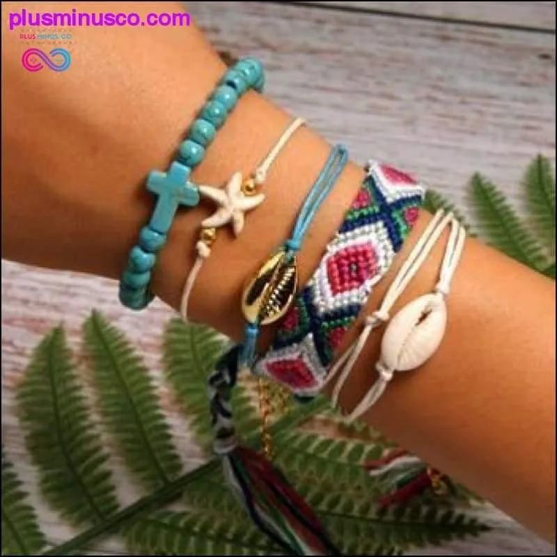 6 Pieces Puka Shell Charm Bracelet Set Cross Beads ||