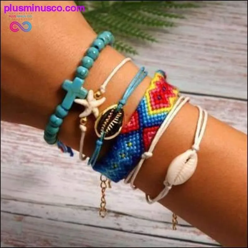 6 Pieces Puka Shell Charm Bracelet Set Cross Beads ||