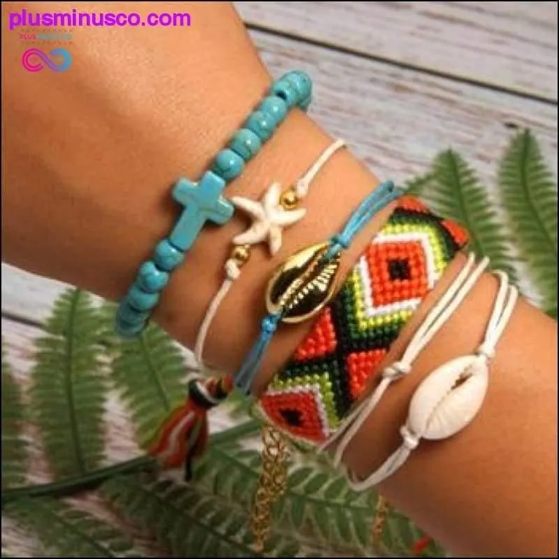 6 Pieces Puka Shell Charm Bracelet Set Cross Beads ||