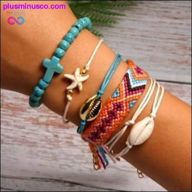 6 Pieces Puka Shell Charm Bracelet Set Cross Beads ||