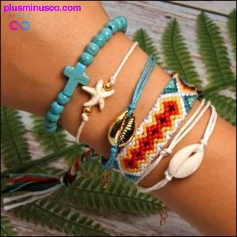 6 Pieces Puka Shell Charm Bracelet Set Cross Beads ||