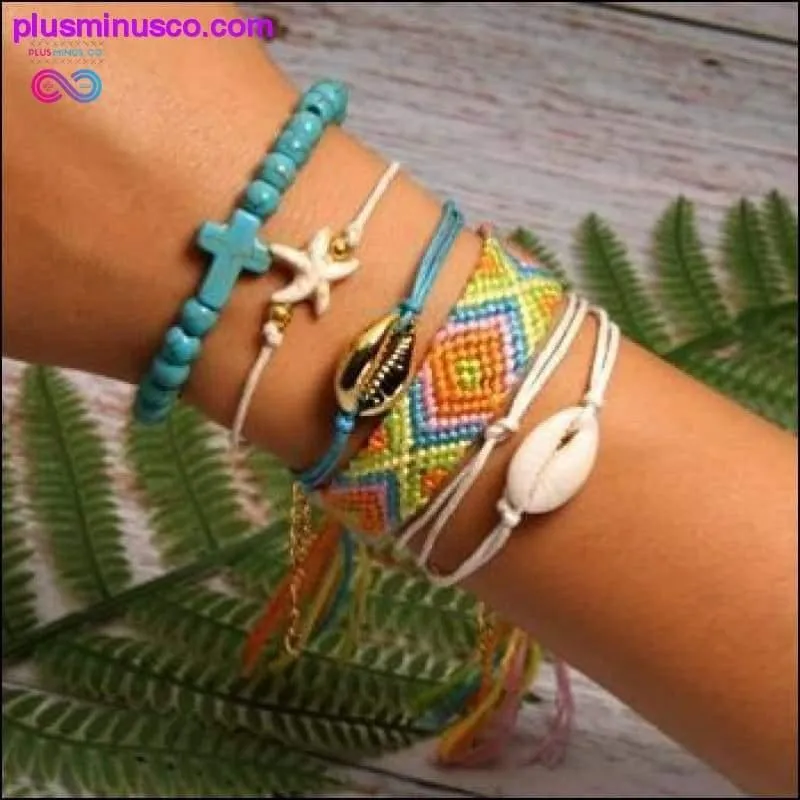 6 Pieces Puka Shell Charm Bracelet Set Cross Beads ||