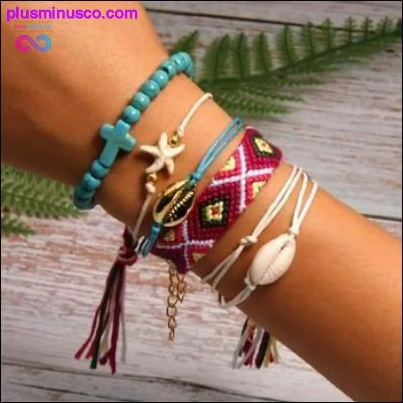 6 Pieces Puka Shell Charm Bracelet Set Cross Beads ||