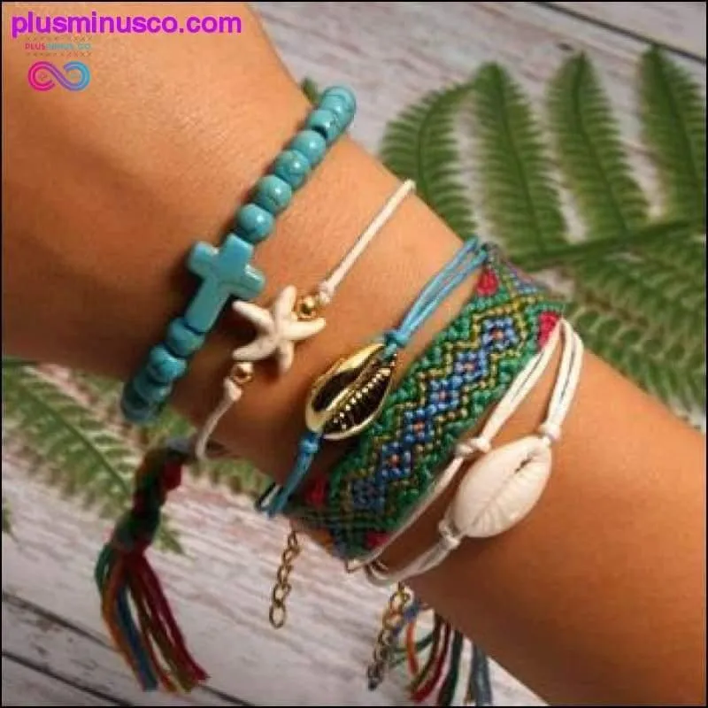 6 Pieces Puka Shell Charm Bracelet Set Cross Beads ||