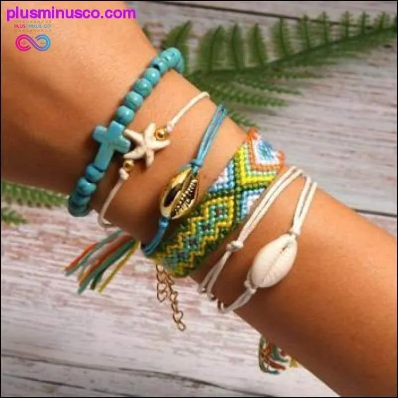 6 Pieces Puka Shell Charm Bracelet Set Cross Beads ||