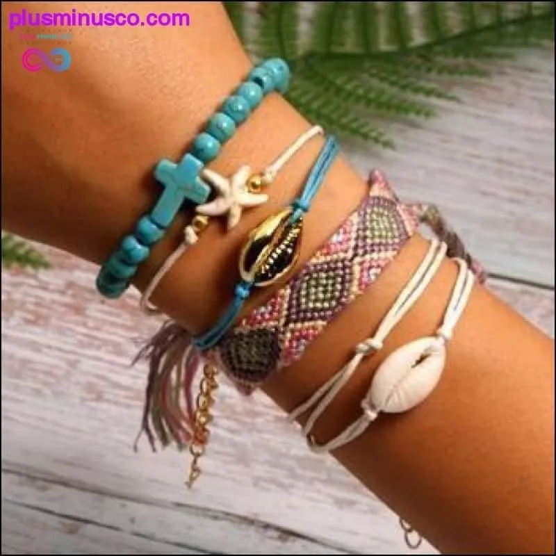 6 Pieces Puka Shell Charm Bracelet Set Cross Beads ||