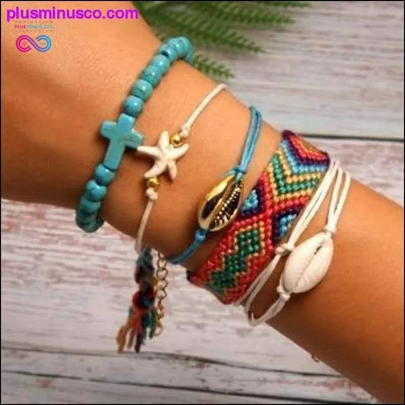 6 Pieces Puka Shell Charm Bracelet Set Cross Beads ||