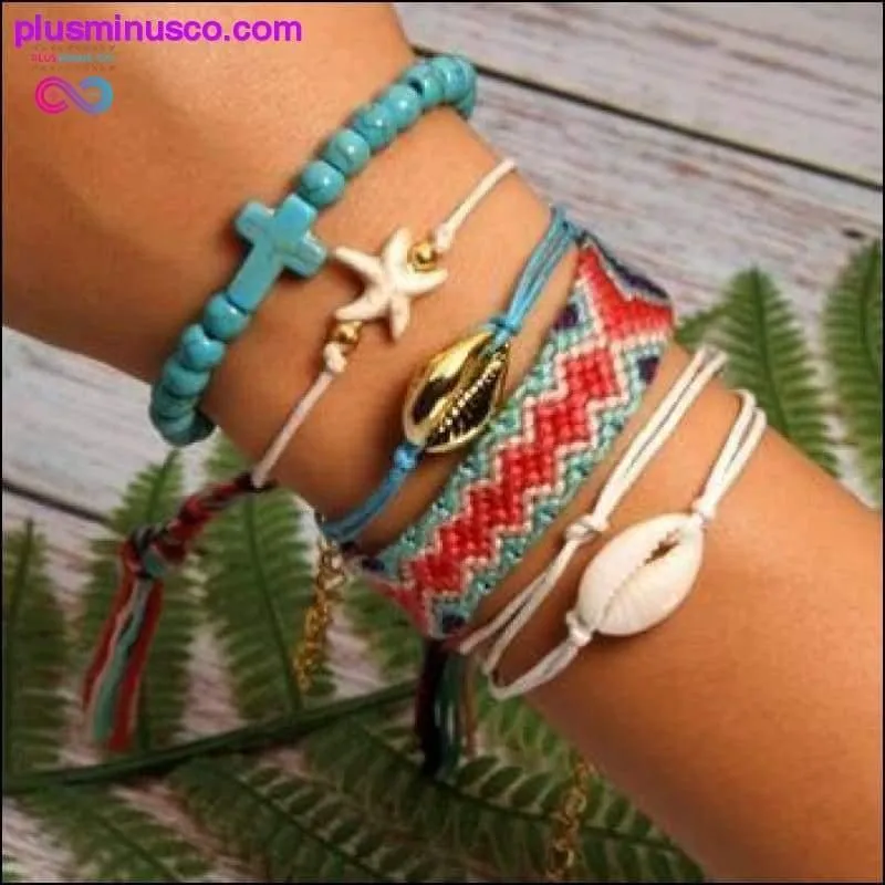 6 Pieces Puka Shell Charm Bracelet Set Cross Beads ||