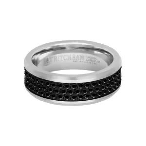 8MM Tungsten Carbide Ring - Triple Row Eternity Black Heat-Treated Sapphires and Beveled Edge