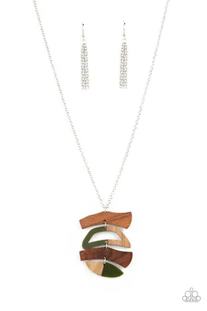 A WOODWORK In Progress Green Acrylic and Brown Wood Necklace - Paparazzi Accessories