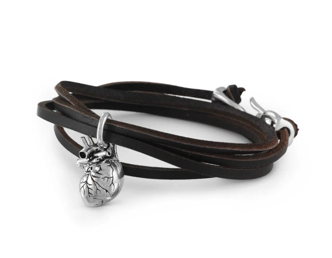 Anatomical Heart Leather Bracelet - Silver