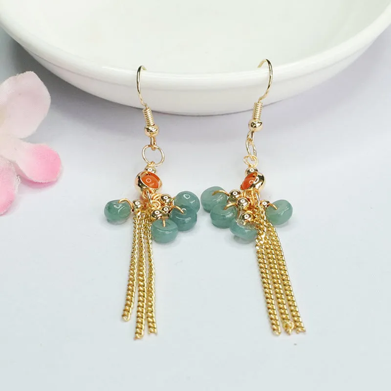 Ancient Style Natural Jade Earrings with Blue Abacus Beads and Tassel Earhook