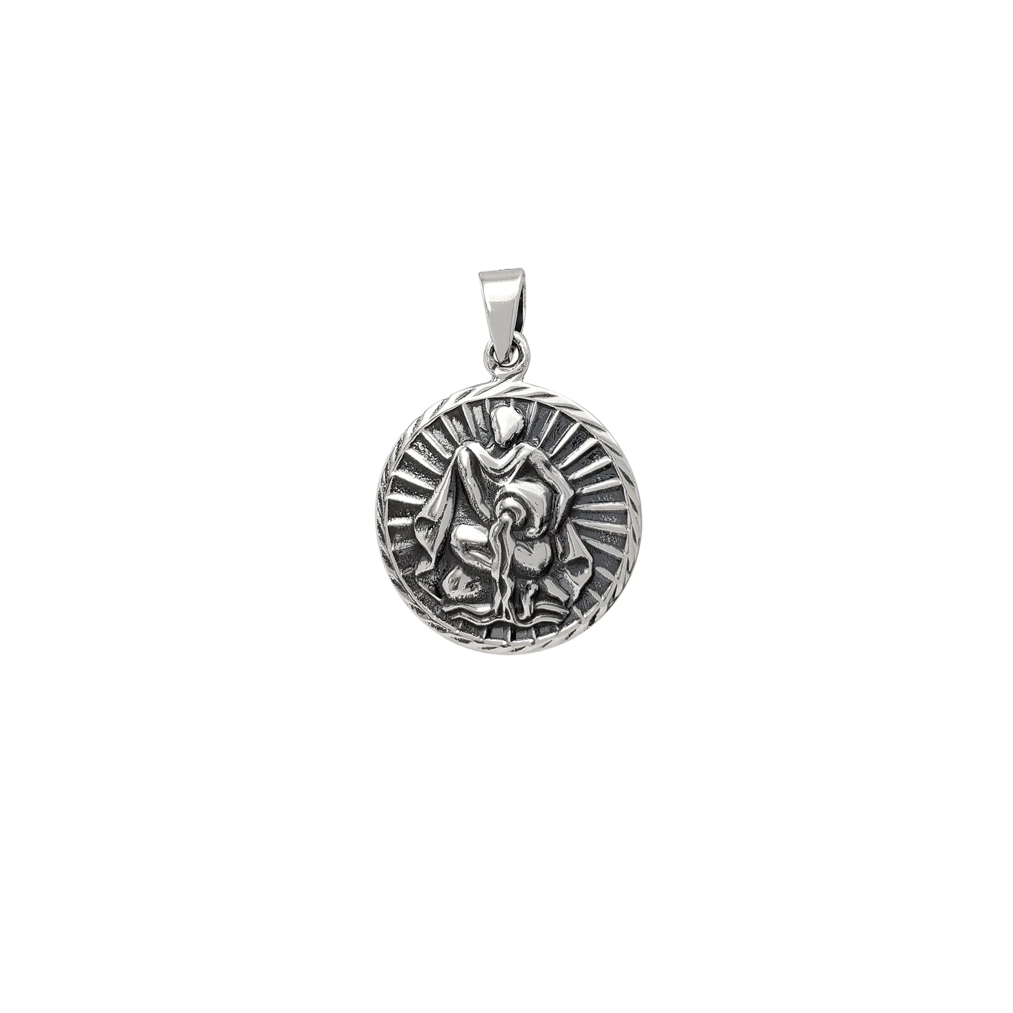 Antique Finish Aquarius Zodiac Sign Round Pendant (Silver)