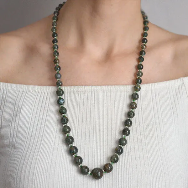 Art Deco Moss Agate & Rock Crystal Beaded Necklace