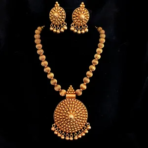 Authentic Traditional Matte Gold Ball Necklace Set with Stud Earring