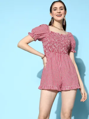 Berrylush Women Red & White Check Printed Square Neck Cotton Smocked & Gathered Mini Jumpsuit