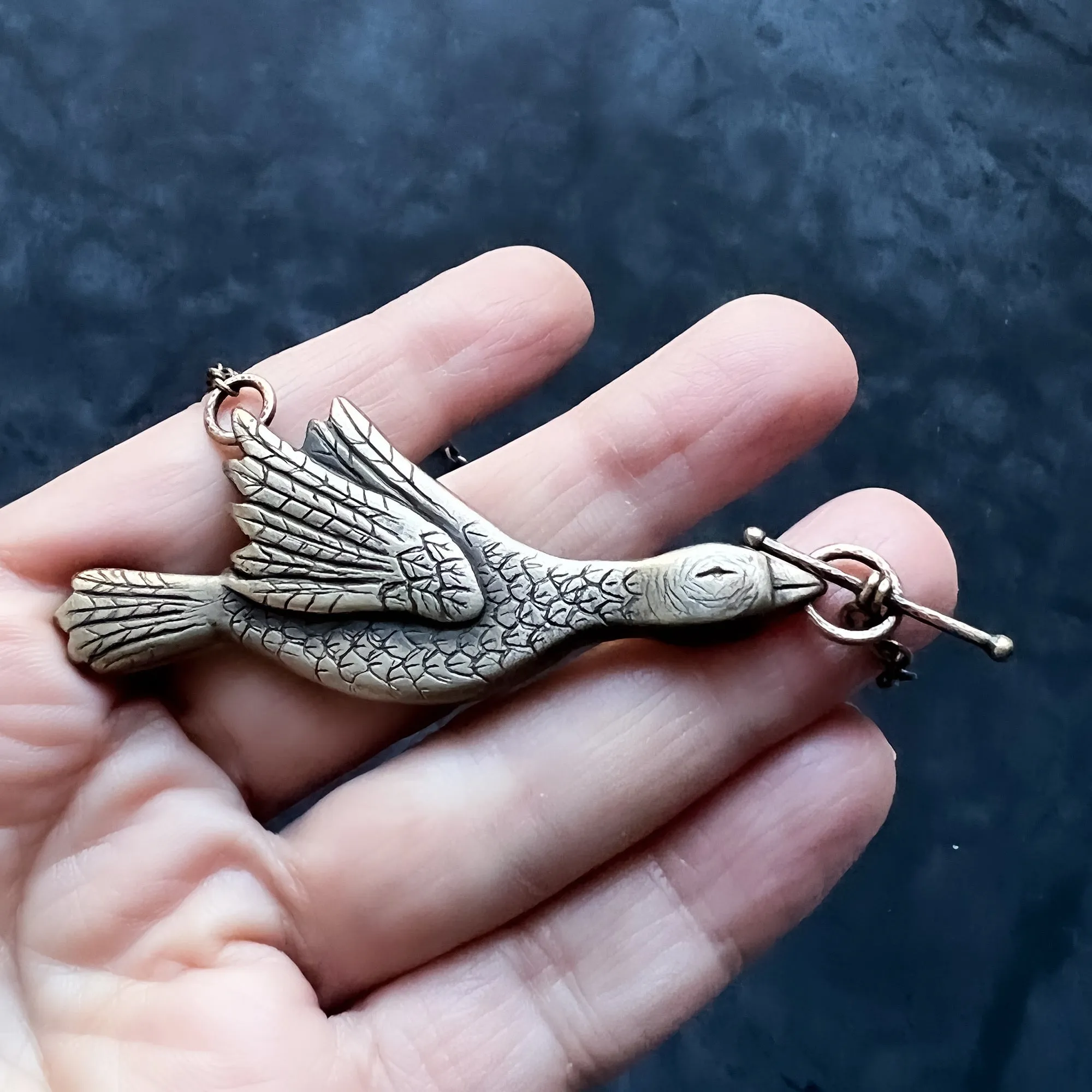 Bronze Hand Carved Goose Necklace with Toggle Clasp — Engraveable Bird Statement Necklace — You Choose the Length!