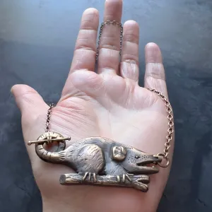 Bronze Hand Carved Opossum Necklace Featuring Hand Fabricated Toggle and Smooth Cable Chain -- Possum Statement Necklace