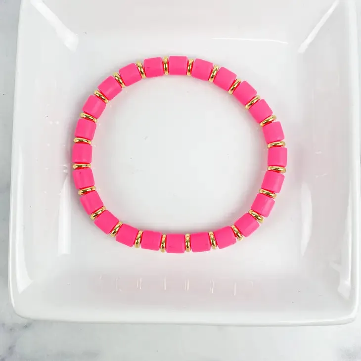 Clay Tube Bracelet with Disc 6mm Hot Pink