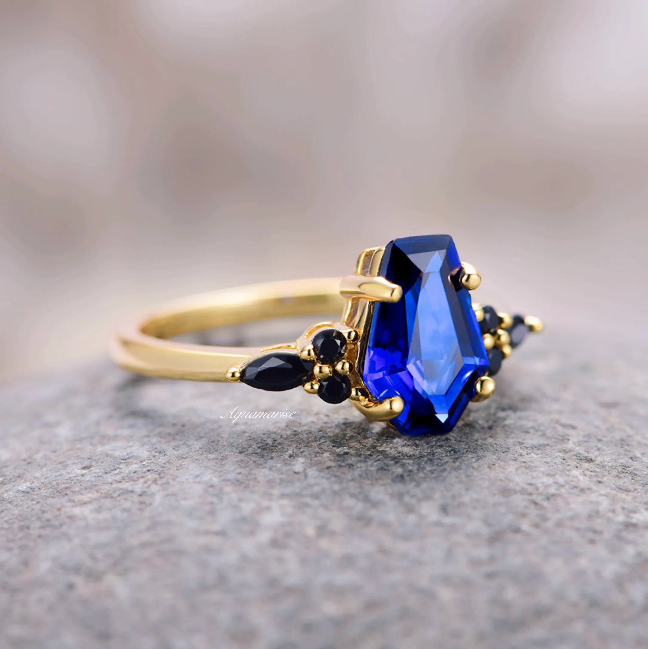 Coffin Cut Blue Sapphire & Black Onyx Ring- 14K Yellow Gold Vermeil