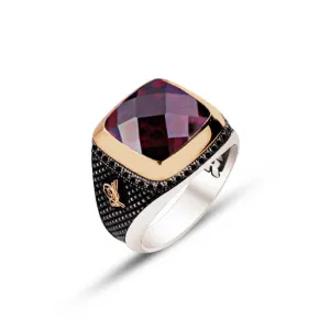 Facet Cut Red Zircon Stone Square Silver Men’s Ring Siding Zircons and Black Diamond Pattern and Ottoman Tughra