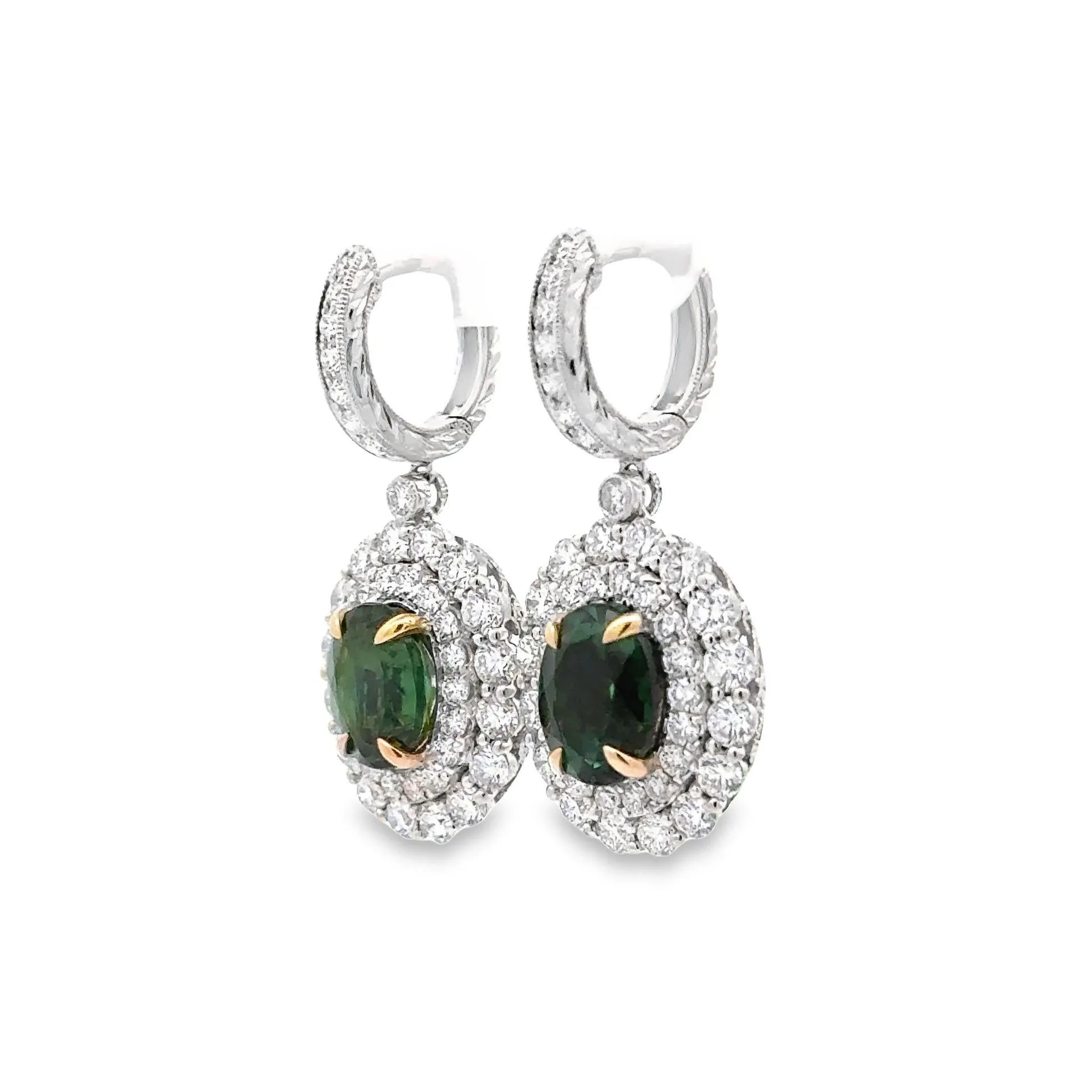 Forest Green Tourmaline Diamond 18K White Gold Drop Dangle Earrings