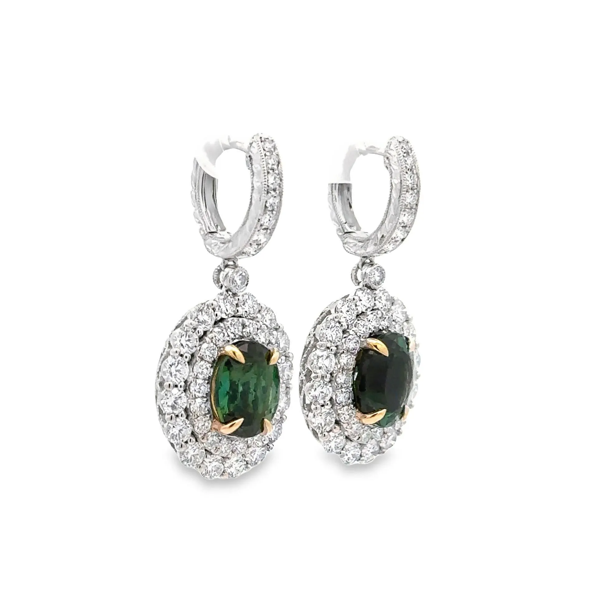 Forest Green Tourmaline Diamond 18K White Gold Drop Dangle Earrings