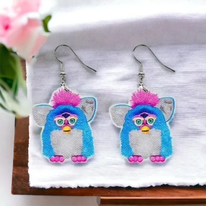 Furby Earrings - Handmade Jewelry, Lucky Troll, Rainbow Troll, Handmade Earrings, Funny Gift