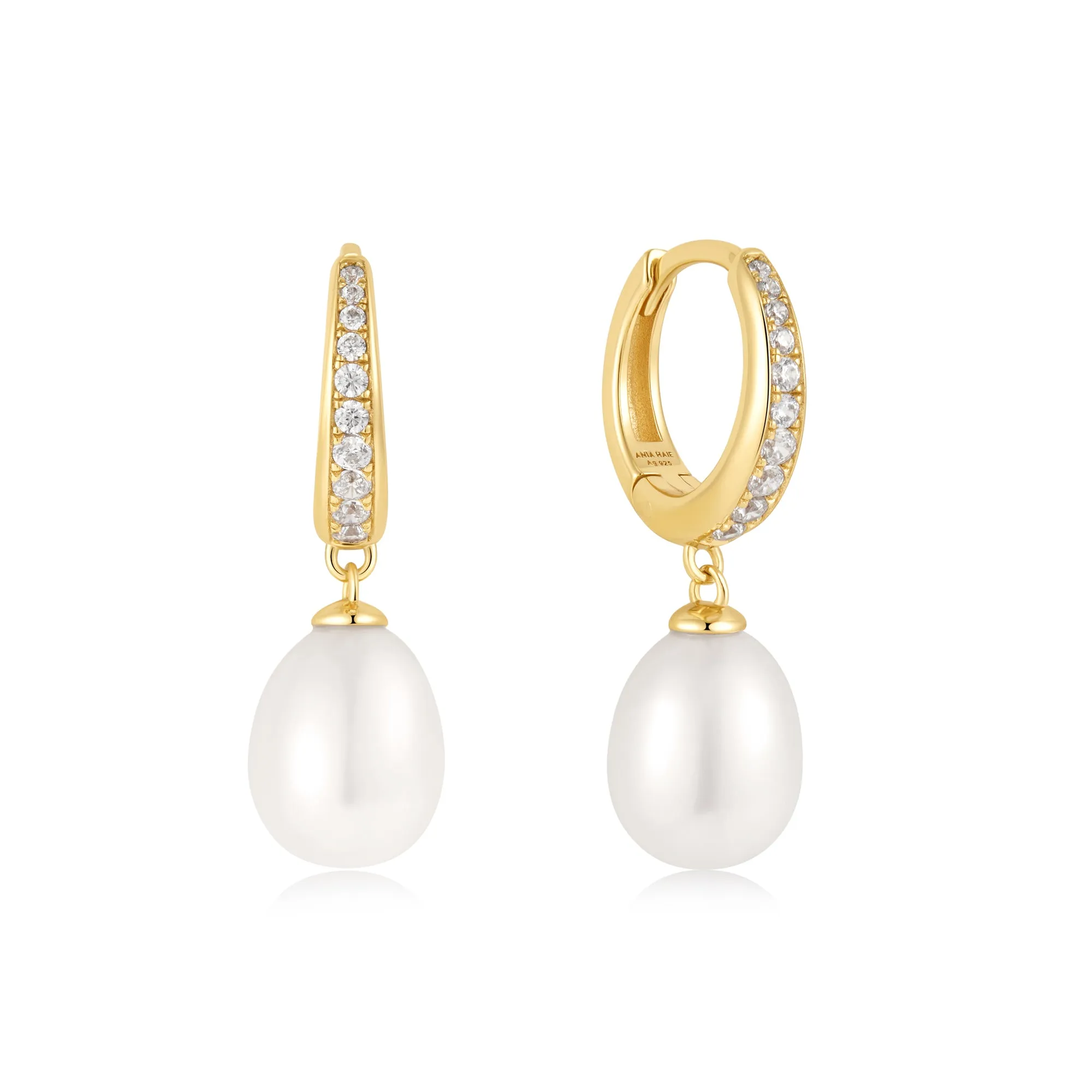 Gold Freshwater Pearl and White Cubic Zirconia Pavé Drop Huggies