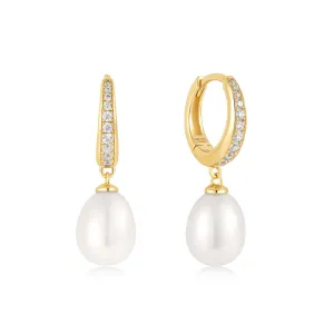 Gold Freshwater Pearl and White Cubic Zirconia Pave Drop Huggies