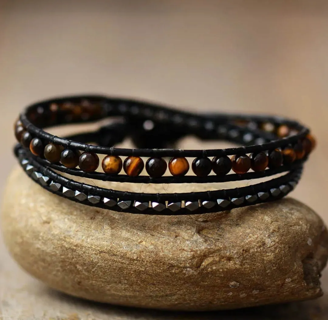 Golden Tiger Eye and Gunmetal Hematite 2X Leather Wrap Bracelet - For Him or Her