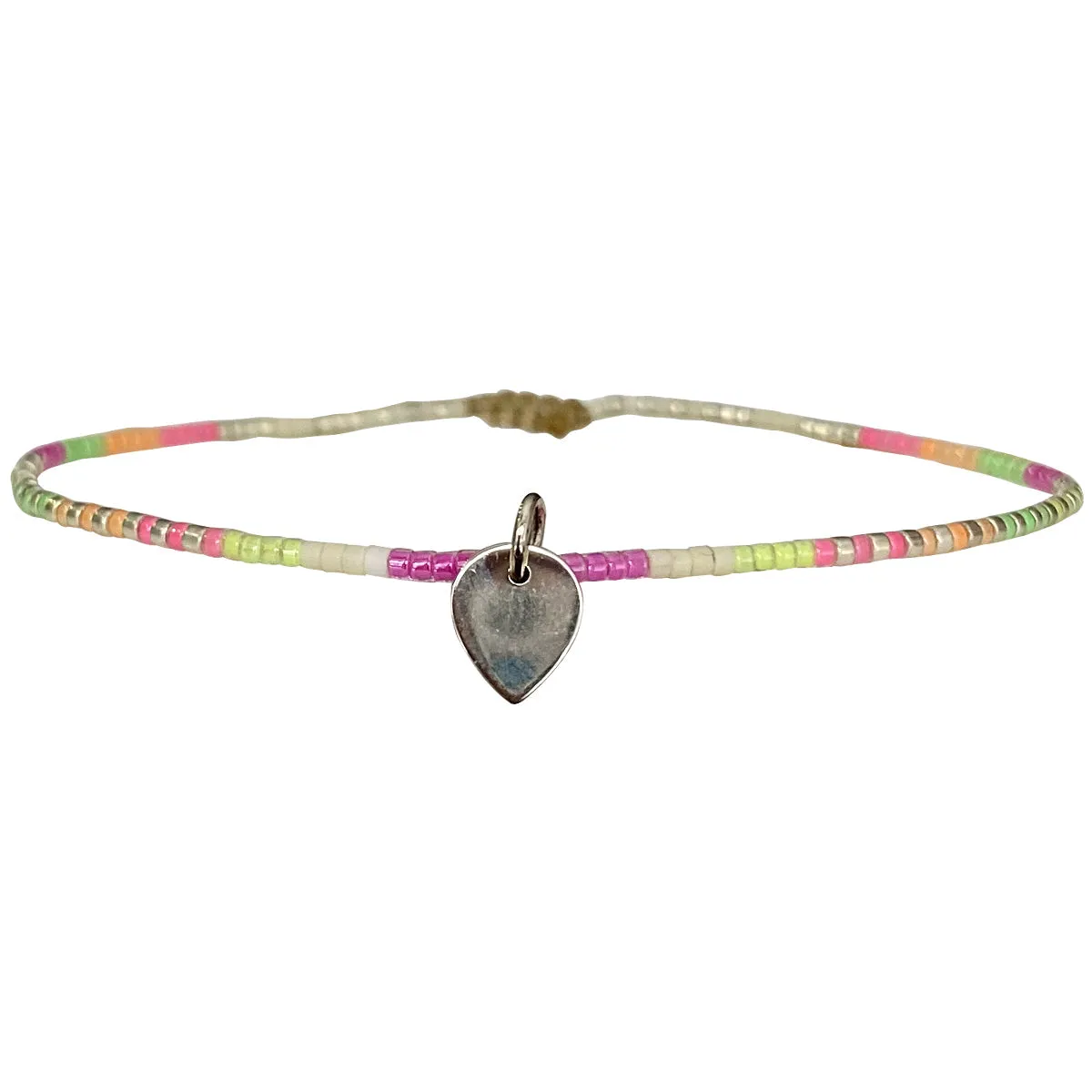 HANDMADE ANKLET BRACELET IN NEON TONES WITH SILVER HEART CHARM