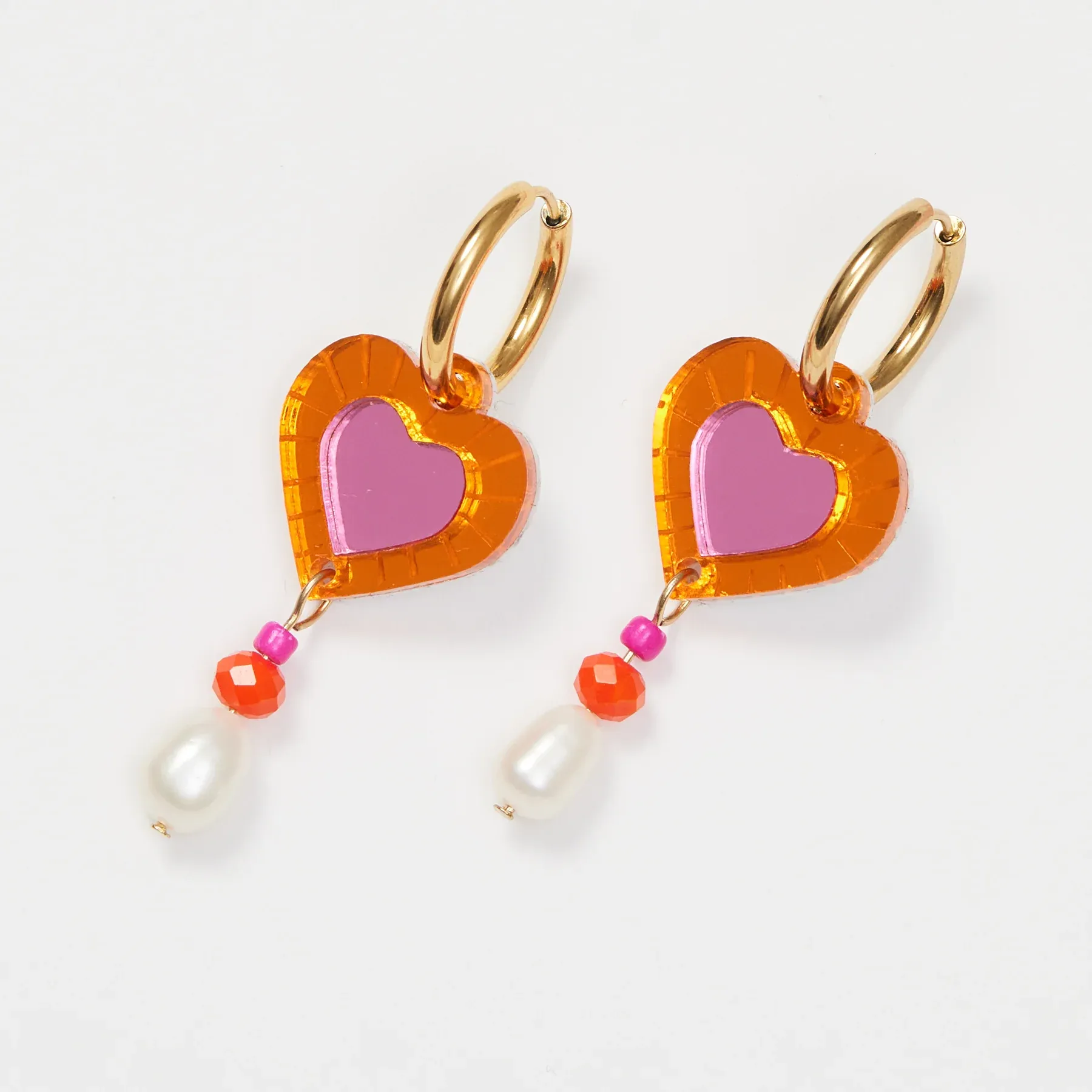 Heart and Bead Earrings - Pink & Orange