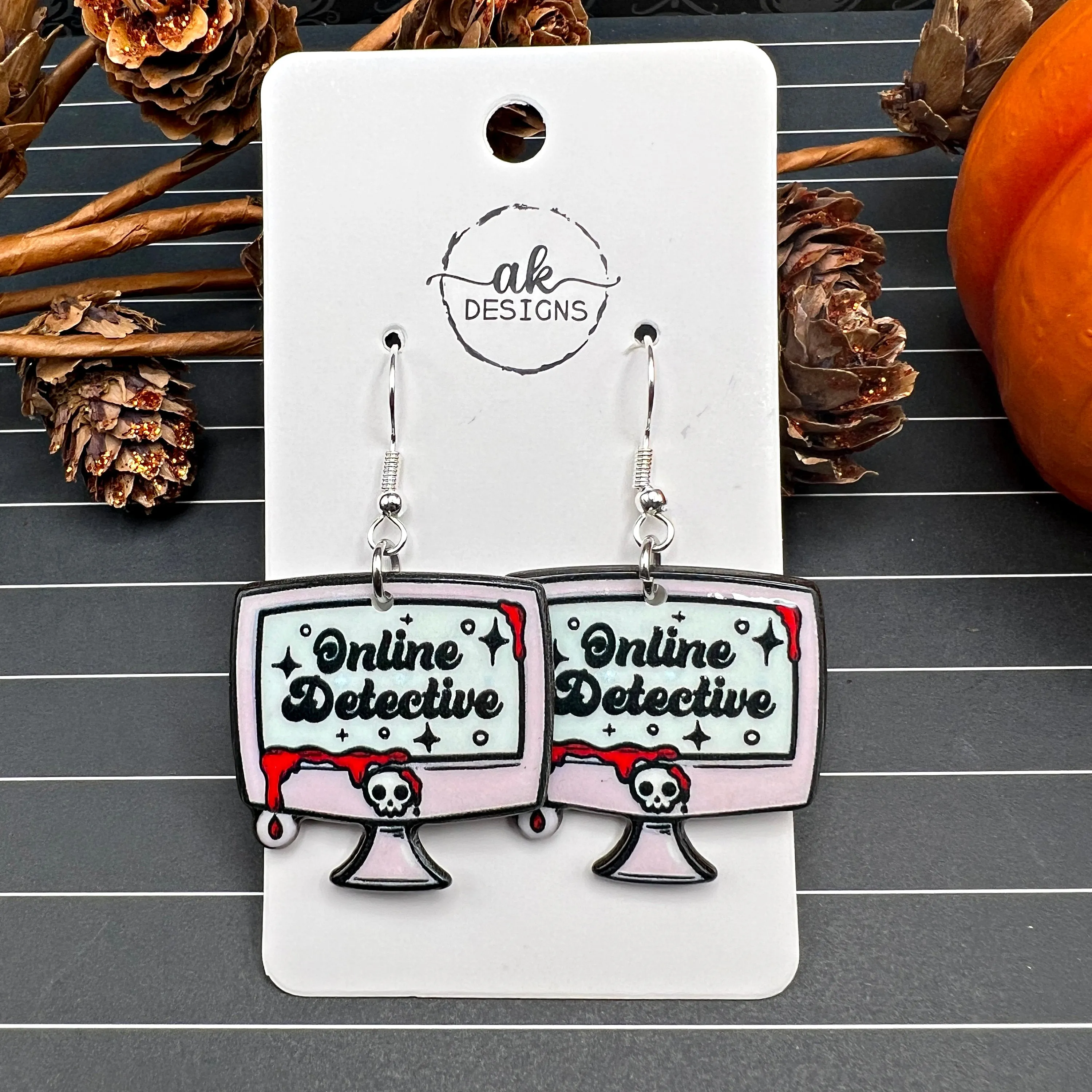 Horror Movie Detective VHS TV Halloween Spooky Season, Acrylic Silver/Silver-tone  Earrings, Hypoallergenic Gift