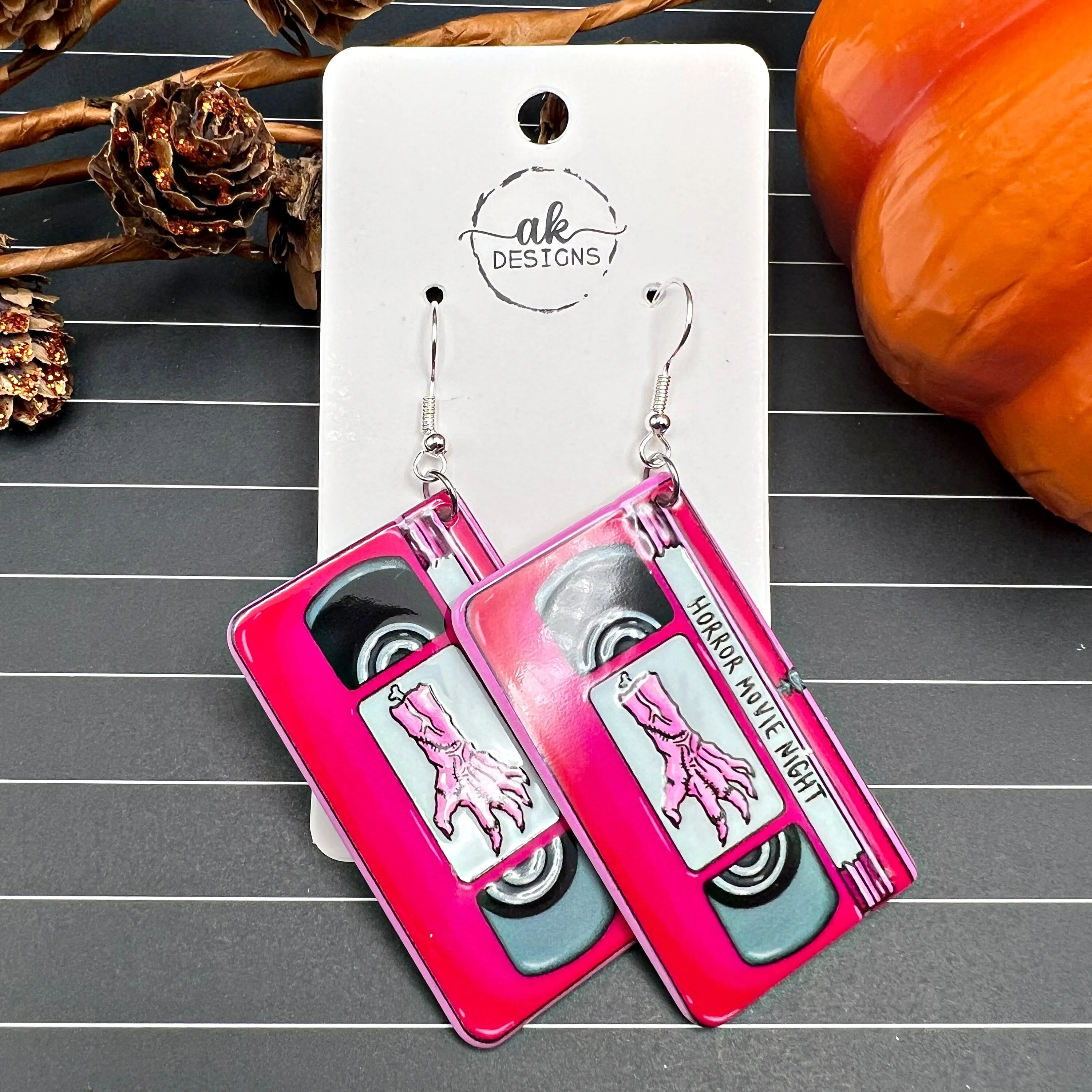 Horror Movie Detective VHS TV Halloween Spooky Season, Acrylic Silver/Silver-tone  Earrings, Hypoallergenic Gift