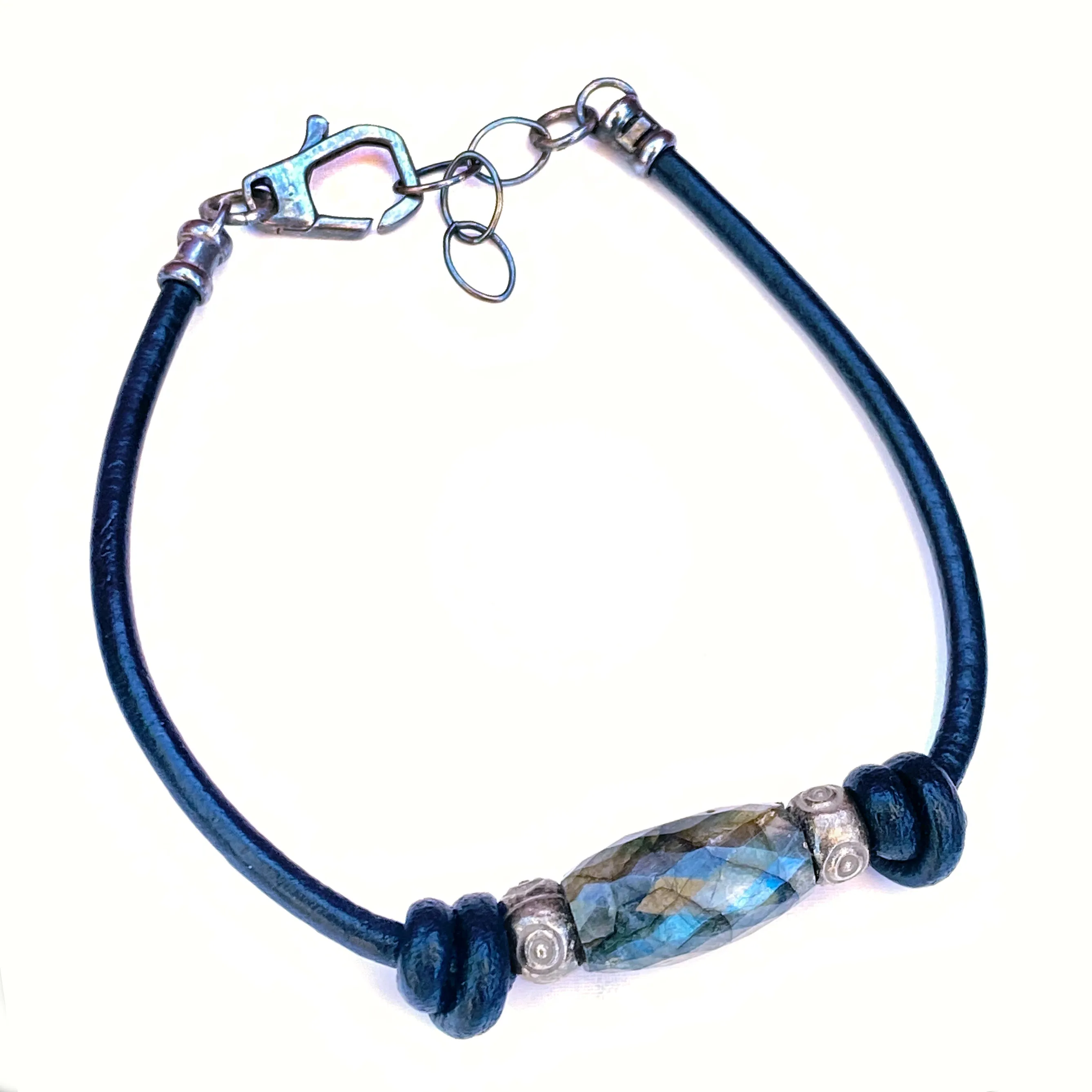 Labradorite gemstone, Sterling Silver Eyes, Leather Bracelet