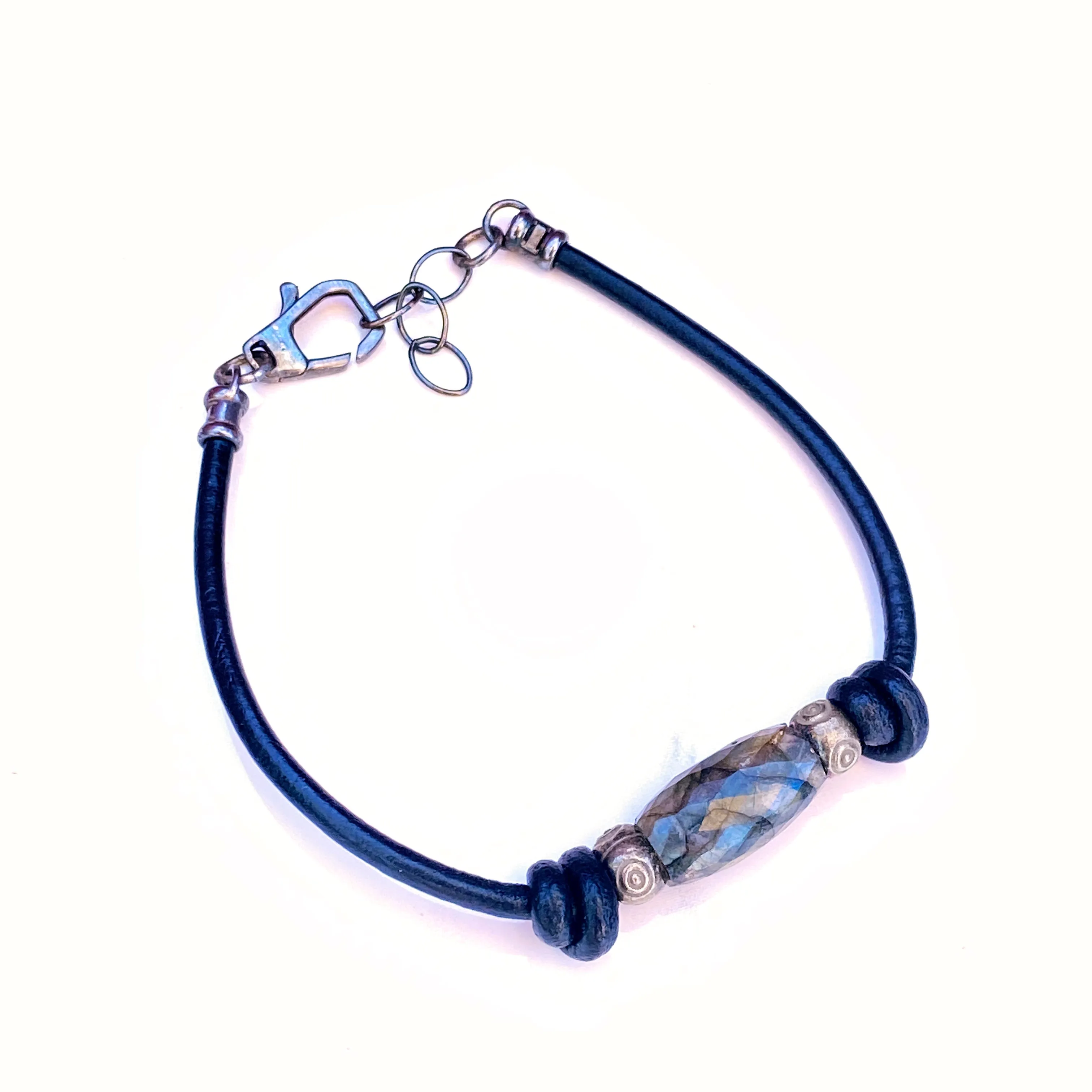 Labradorite gemstone, Sterling Silver Eyes, Leather Bracelet