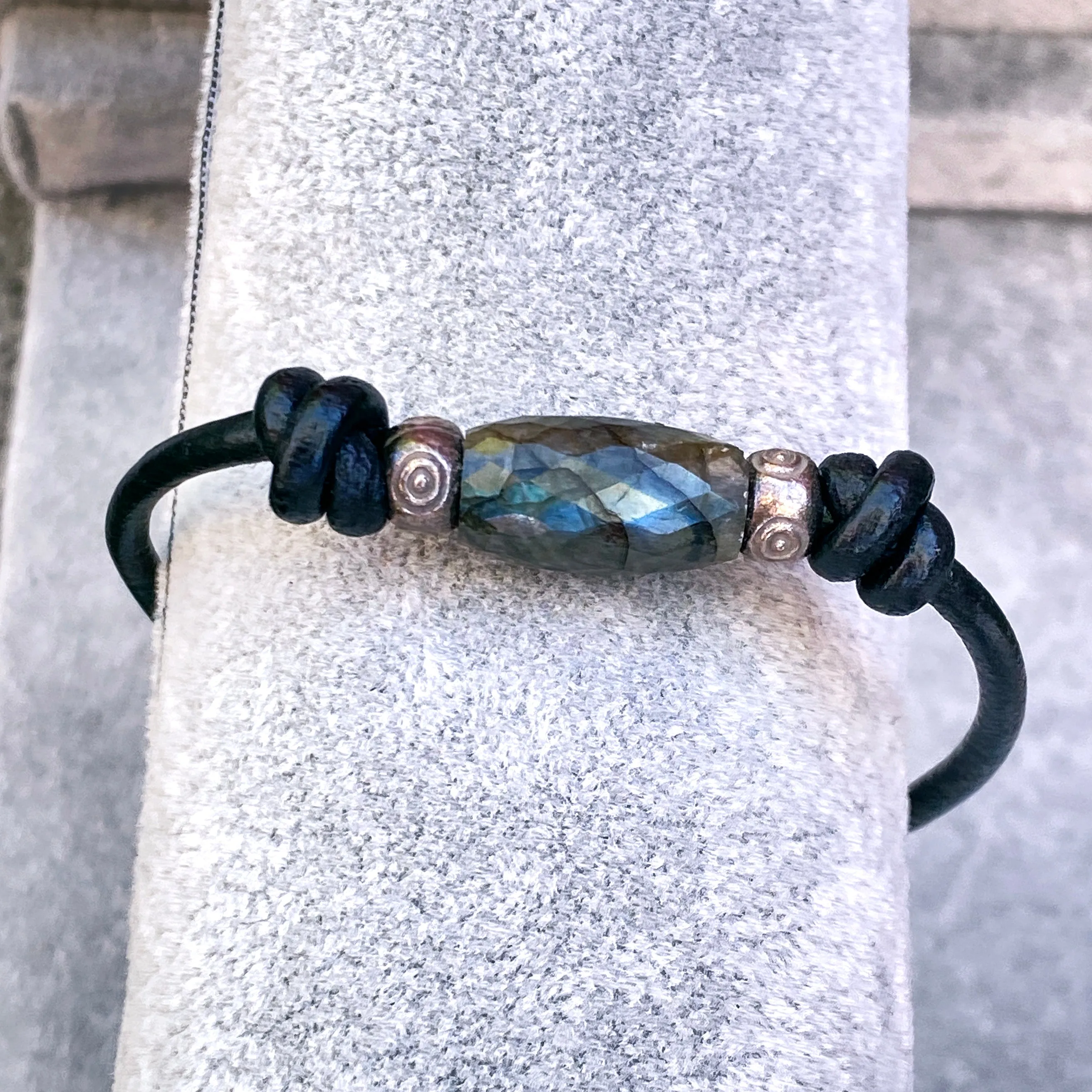 Labradorite gemstone, Sterling Silver Eyes, Leather Bracelet