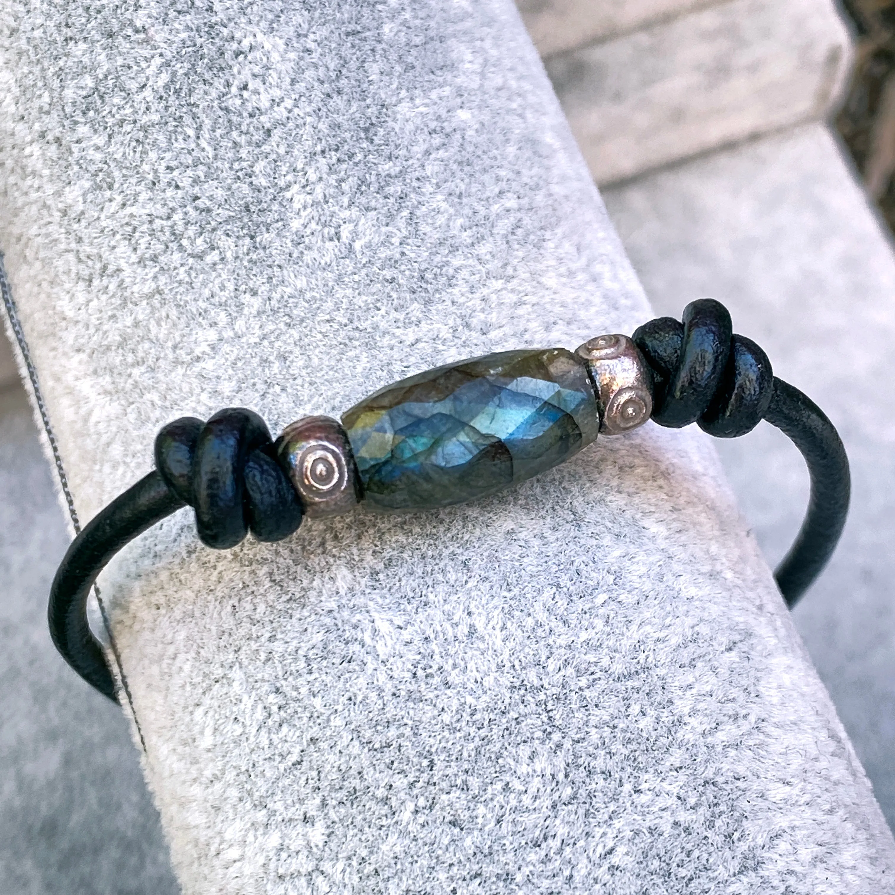 Labradorite gemstone, Sterling Silver Eyes, Leather Bracelet