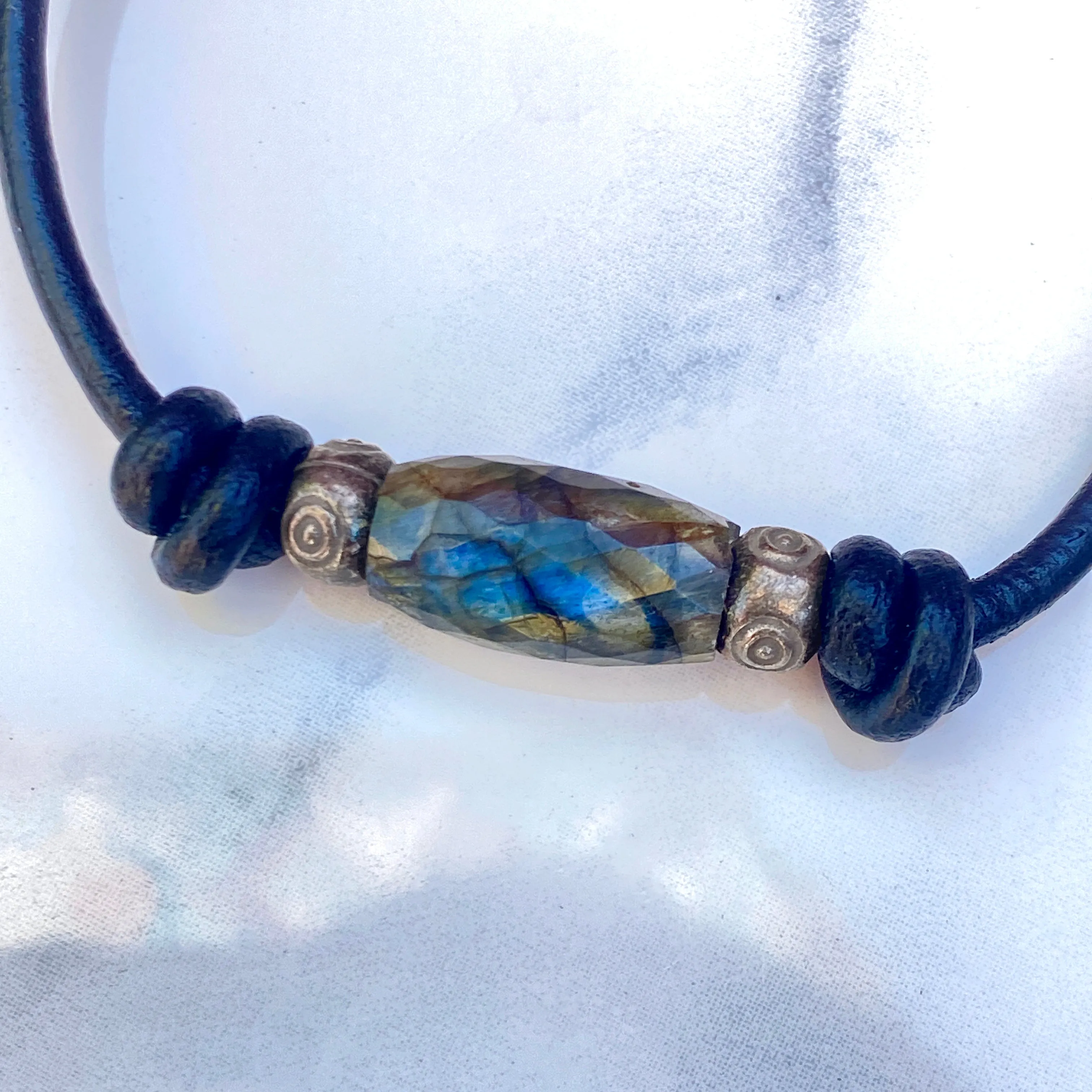 Labradorite gemstone, Sterling Silver Eyes, Leather Bracelet